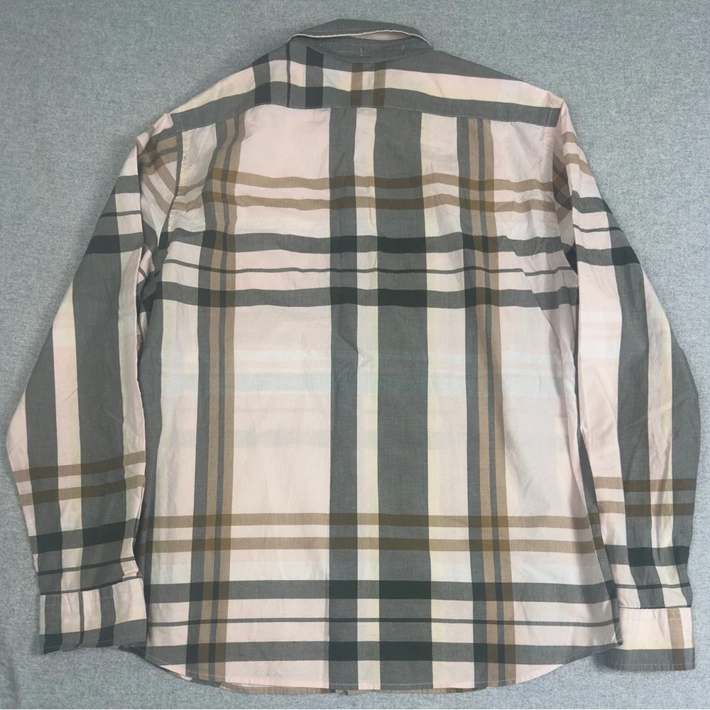 Banana Republic Shirt Mens Large Pink Gray Plaid Untucked Fit Long Sleeve Preppy